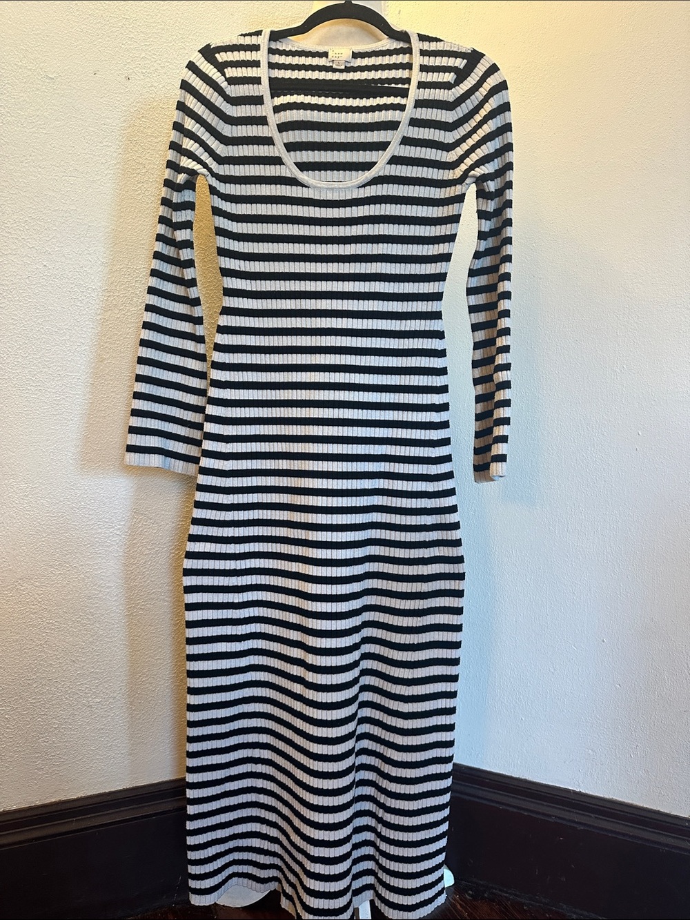 a new day Black & White Striped Rib-Knit Long Sleeve Maxi Dress Size L